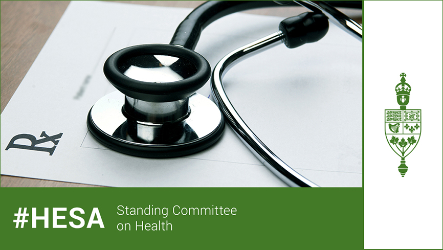 A prescription pad and stethoscope, the House of Commons of Canada crest, and text: #HESA Standing Committee on Health