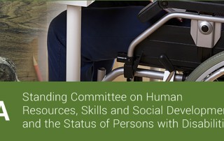 Cropped photo of various hand tools, and an image of a person in a wheelchair sitting at a desk, with the text: #HUMA Standing Committee on Human Resources, Skills and Social Development and the Status of Persons with Disabilities, with the House of Commons crest