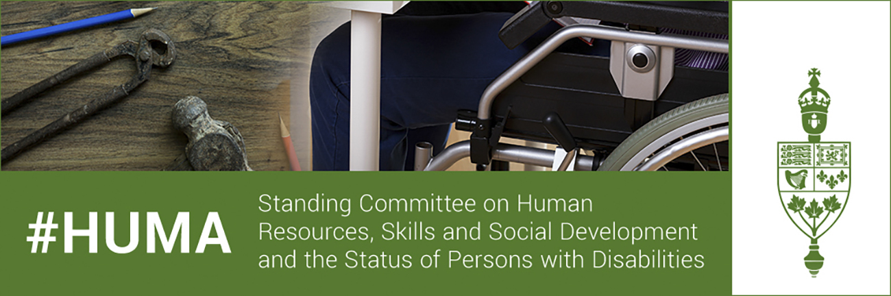 Cropped photo of various hand tools, and an image of a person in a wheelchair sitting at a desk, with the text: #HUMA Standing Committee on Human Resources, Skills and Social Development and the Status of Persons with Disabilities, with the House of Commons crest
