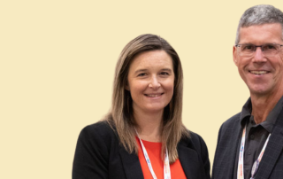 Dr. Jennifer Zwicker and Dr. James Reynolds are smiling at the camera on a yellow background.